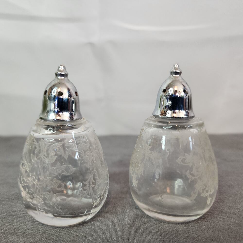 Pair of Fostoria Chintz Pattern 2" Etched Salt and Pepper Shakers, Chrome Lids